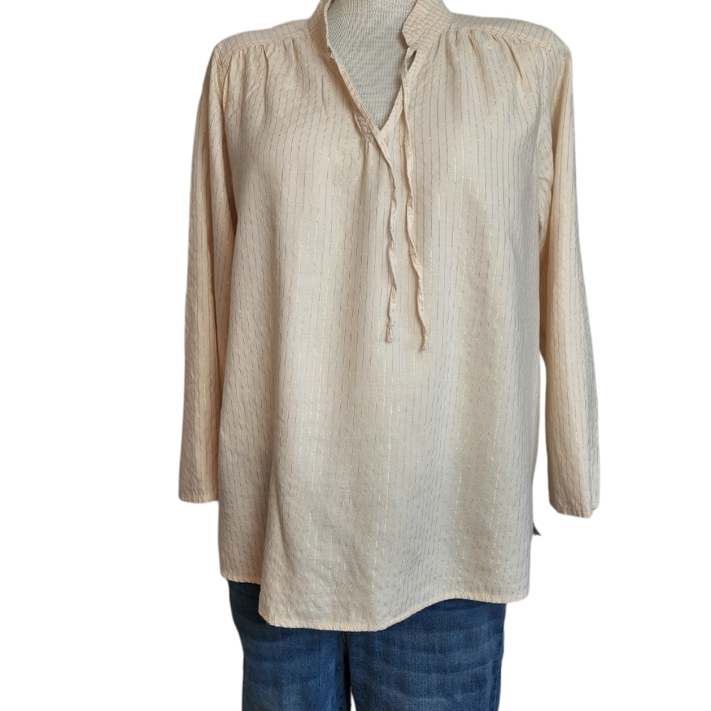 Old Navy Mock Neck Peasant Cream Color & Gold Striped Long Sleeve Top Size M